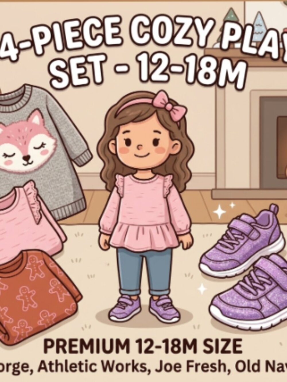 Cozy Baby Girl 12-18M Fox Sweater Dress & Glitter Shoe Play Set - 4 Pieces